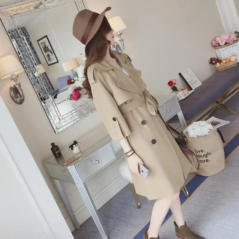 Британский стиль Повседневная ветровка на шнуровке Женское пальто средней длины