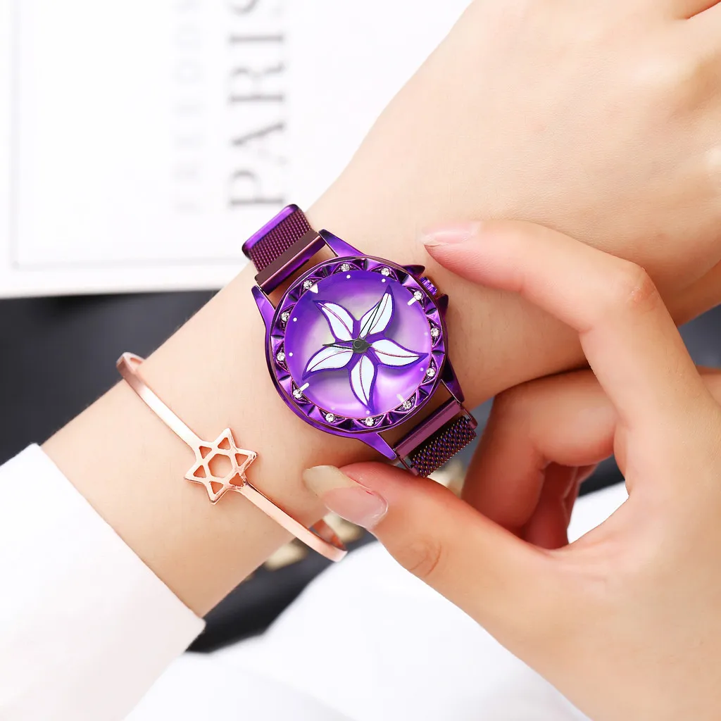 

Women's Quartz Stainless Steel Watch Analog Wrist Watch Ladies Starfish Starry Sky Watches Magnet Buckle Clock Relogio Feminino
