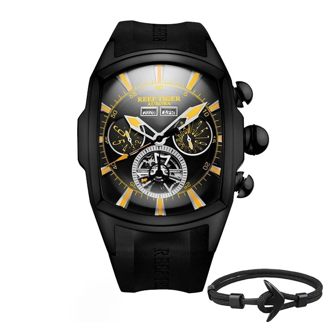 Топ бренд Reef Tiger Reloj Hombre Роскошные Tourbillon циферблат автоматические часы с резиновым ремешком механические водонепроницаемые мужские часы даты Relogio Masculino+ подарок - Цвет: RGA3069BBBG Box Gift