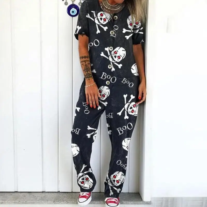 2021 new European and American fashion printed skull jumpsuit cargo pants women