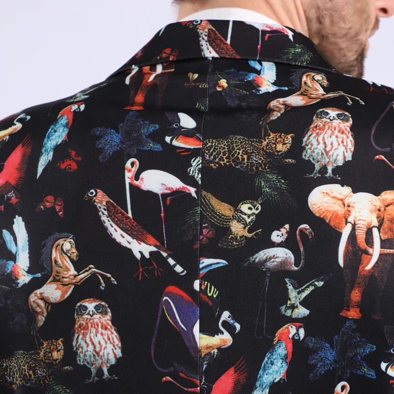 Мужской двубортный пиджак с принтом птицы черный приталенный 58 Повседневные
