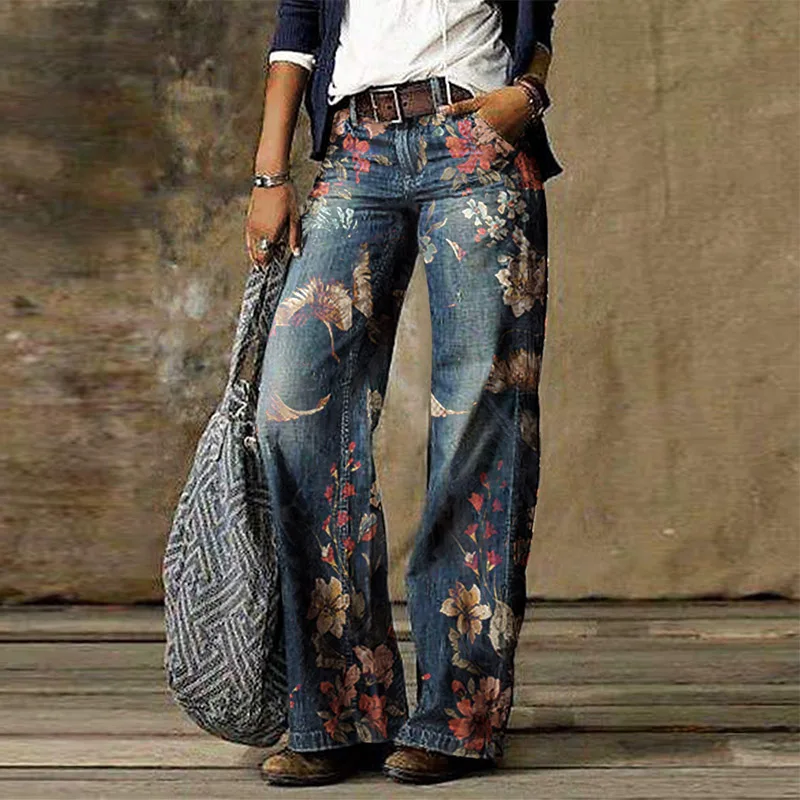 

Straight Jeans Trousers Women Autumn Fashion Print Wide Leg Pants Casual Loose Denim Long Pants 2021 Spring Vintage Streetwear