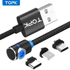Магнитный кабель TOPK L-Line, 1 м, 2 м, 90 градусов, L-образный кабель, кабель Micro USB и USB Type-C, СВЕТОДИОДНЫЙ Магнитный зарядный кабель для iPhone X, 8, 7, 6
