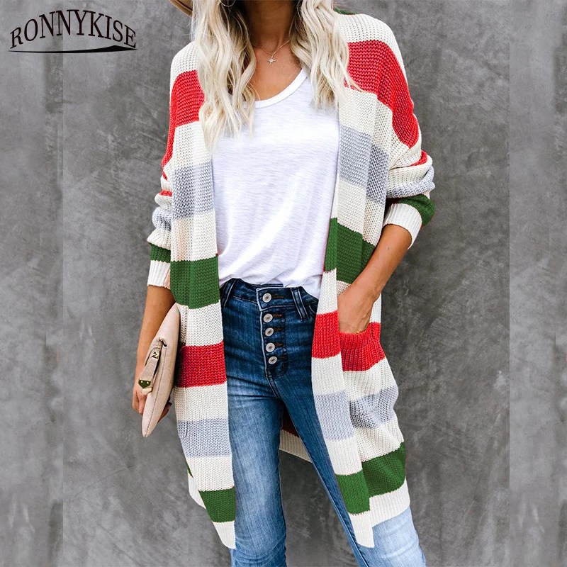 RONNYKUSE Knitwear Striped Patchwok Increase Size Cardigan Women's Fashion Long Sleeve Autumn Winter Warm Loose Sweaters |