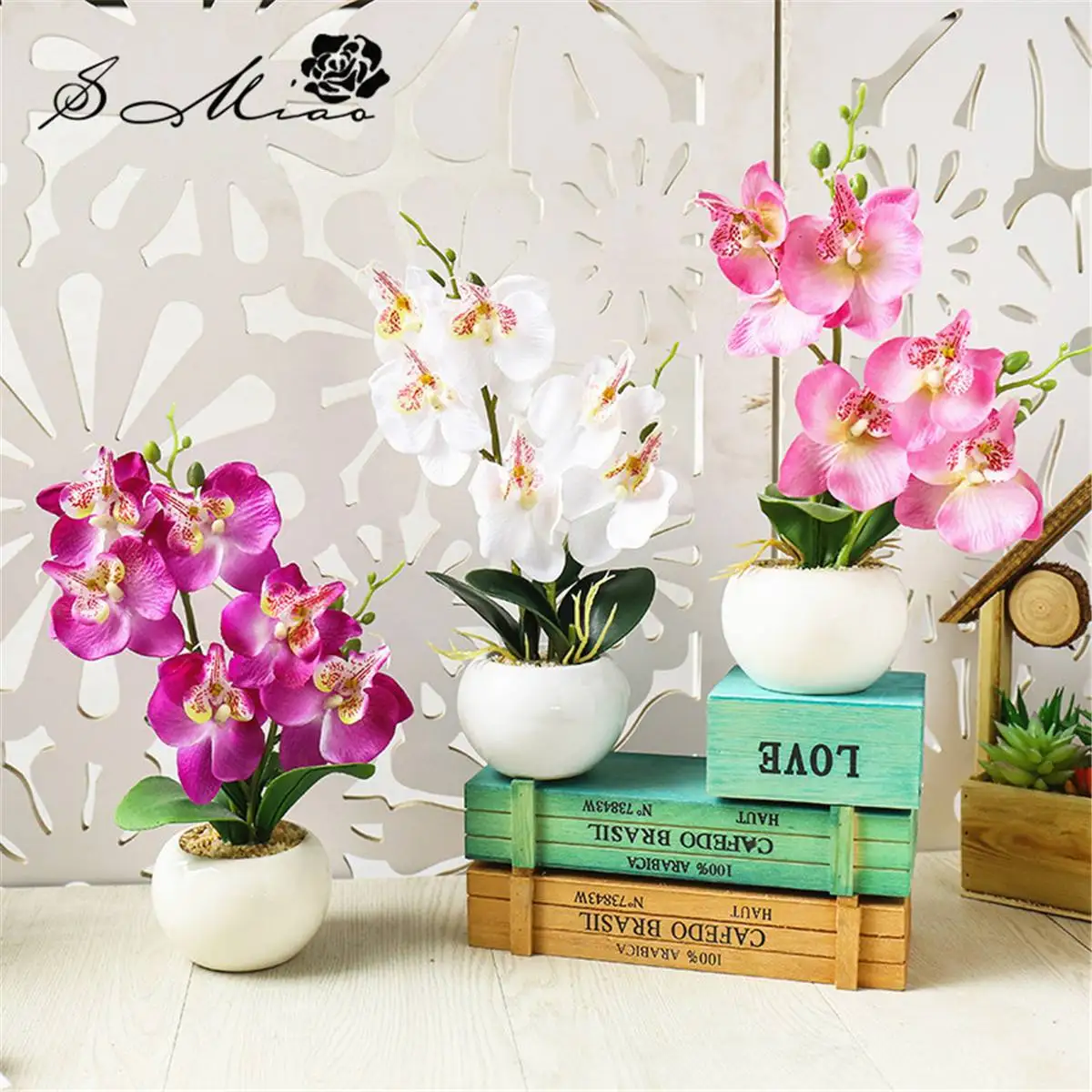 1 Набор искусственных цветов фаленопсиса бонсай + керамический горшок