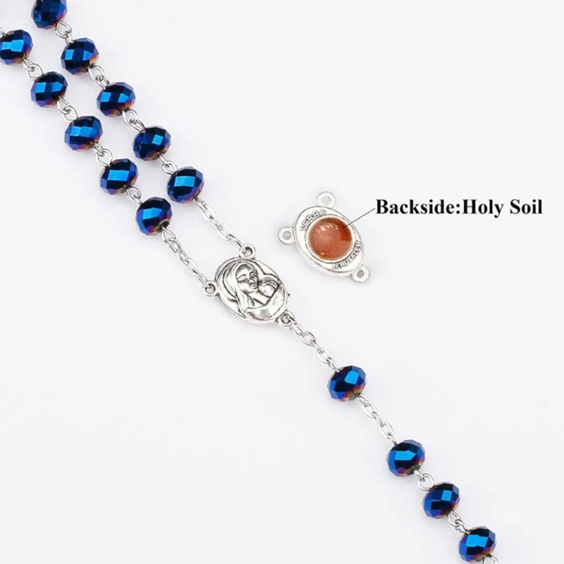 

203F Blue Crystal Beads Catholic Rosary Necklace Virgin Holy Land Baby Religious Cross Necklaces Men Women Jewelry Charm Gift