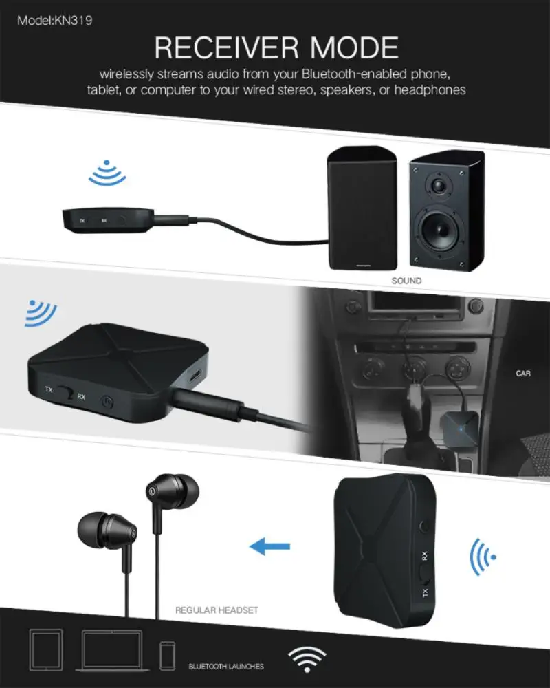 Аудиоресивер KN319 2 в 1 Bluetooth 5 0 передатчик беспроводной адаптер USB 3 мм AUX для ТВ