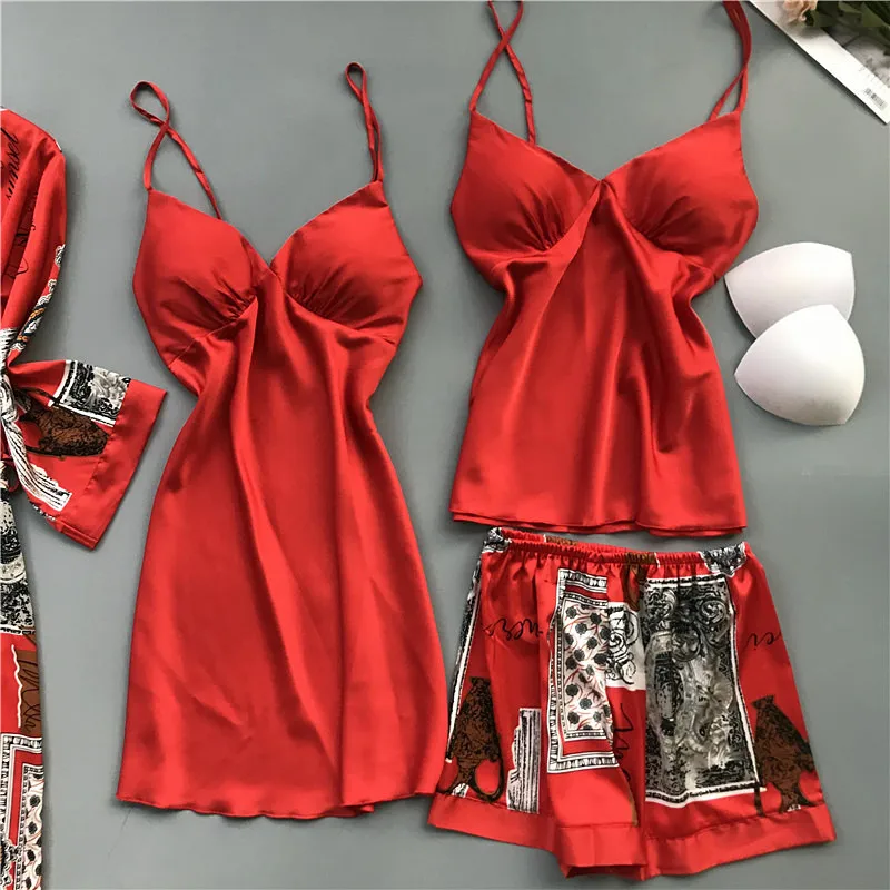 Женский Шелковый пижамный комплект Smmoloa Атласный из 4 предметов | Женская одежда