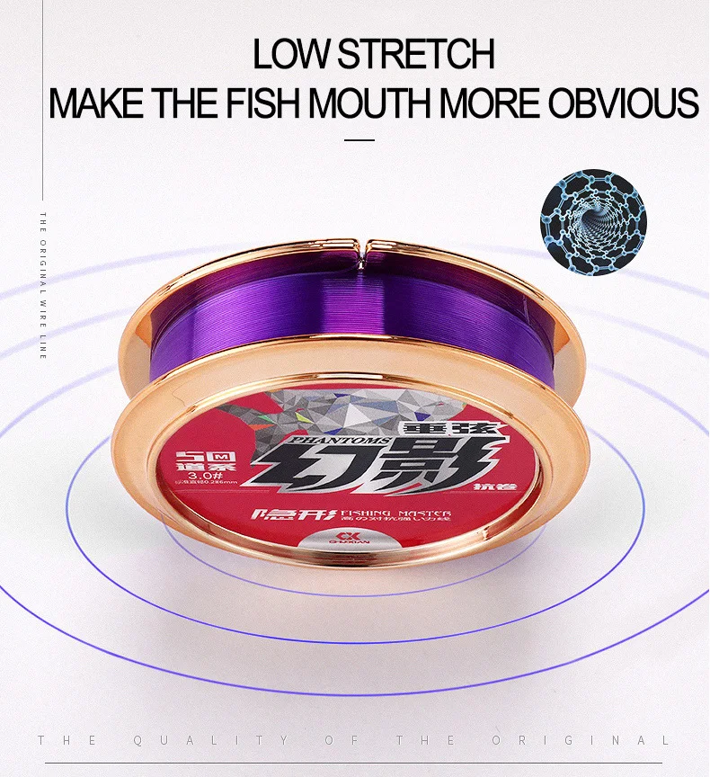 Un carrete morado de línea de pesca con una caja de oro