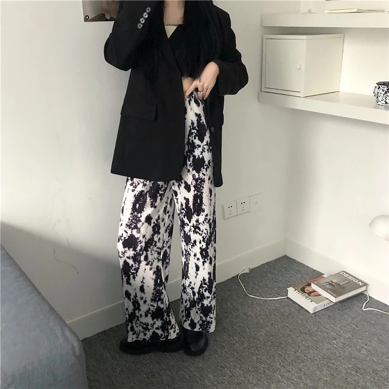 

2021 New Korean Women Harajuku Boho New Loose Straight Flexible Waist High Streetwear Tie Dye Print Long Pants KZ779