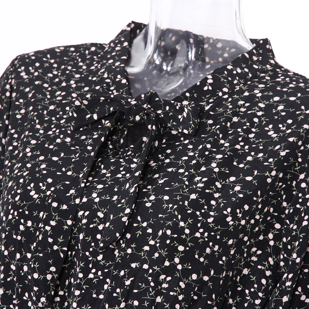 

2021 Women Spring Summer New Chiffon Dress Bow Collar Butterfly Sleeve High Waist Print Knee Length Pleated Dresses Ladies