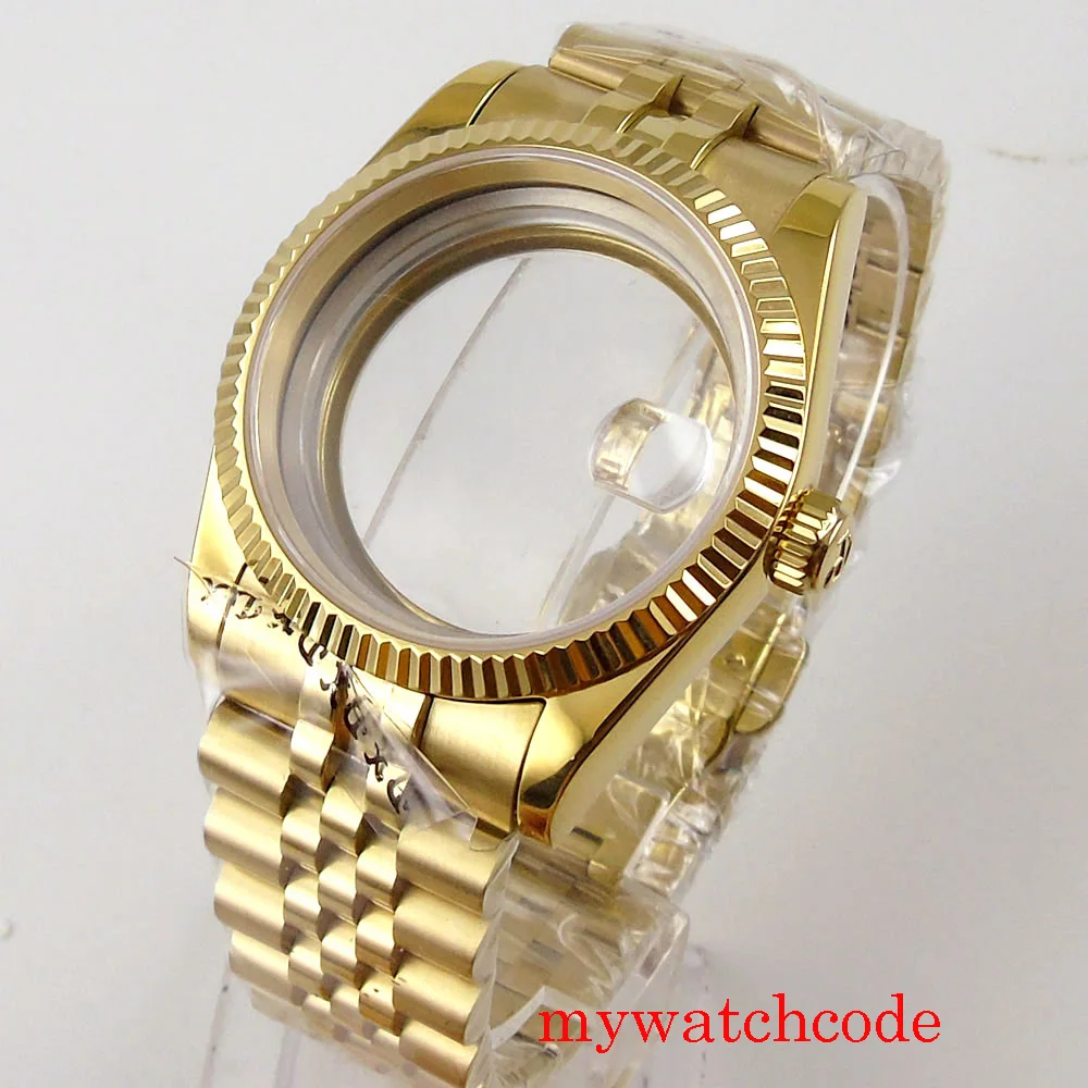 Banhado a Ouro Vidro de Safira Parnis Completo Assista Case Jubileu Cinta Ajuste Miyota 8215 8205 821a Eta 2836 2824 Movimento Automático 36mm