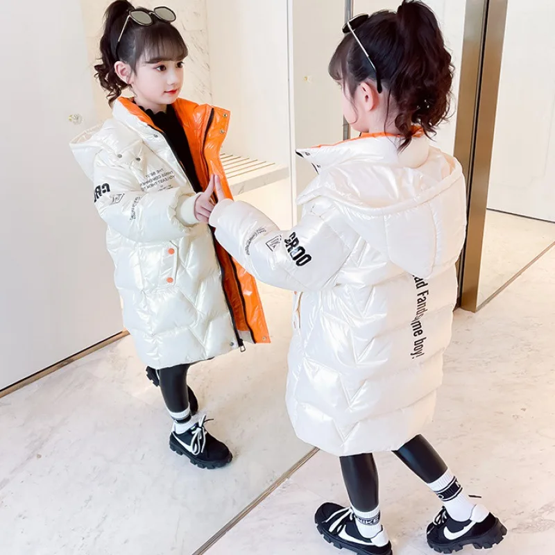 

Girls' Jackets Keep Warm In Winter, New Thick and Fashionable Bright Face Mid-length Down Children's Hooded COAT 4-14 Years Old