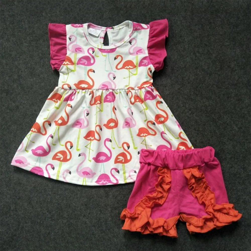 

Free shipping kids children baby girls summer boutique cute flamingo full printed tunic red shorts outfits clothing sets