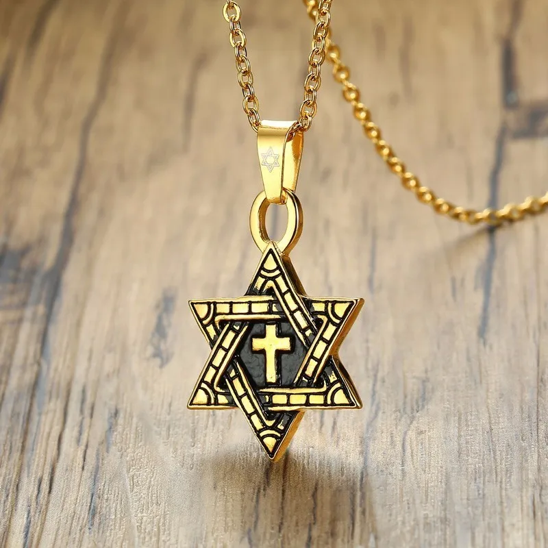 

Messianic Star Of David With Cross Pendant Necklace For Men Oxidized Gold silver color Megan Jewish Jewelry