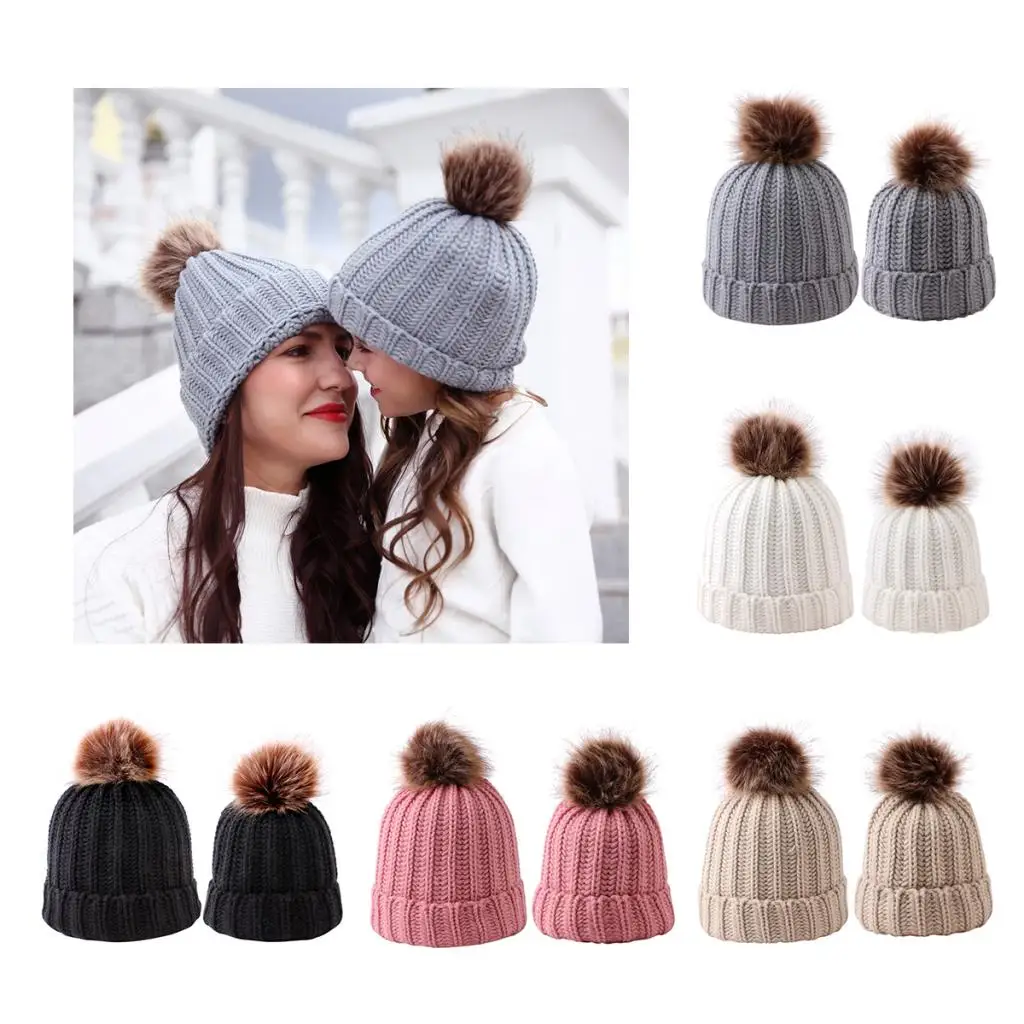 

Женское теплое зимнее пальто для девочек, одежда для родителей и детей; Вязаные шапки, шапка с помпоном шляпа-Кепка с черепом для мамы и ребе...