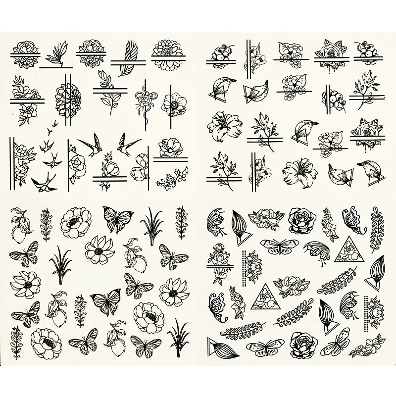 Наклейки для ногтей Flower Butterfly Series Black Water Transfer Decal, 12 шт./лист, самоклеящиеся наклейки для маникюра с водяным знаком DIY Manicure Decoration.