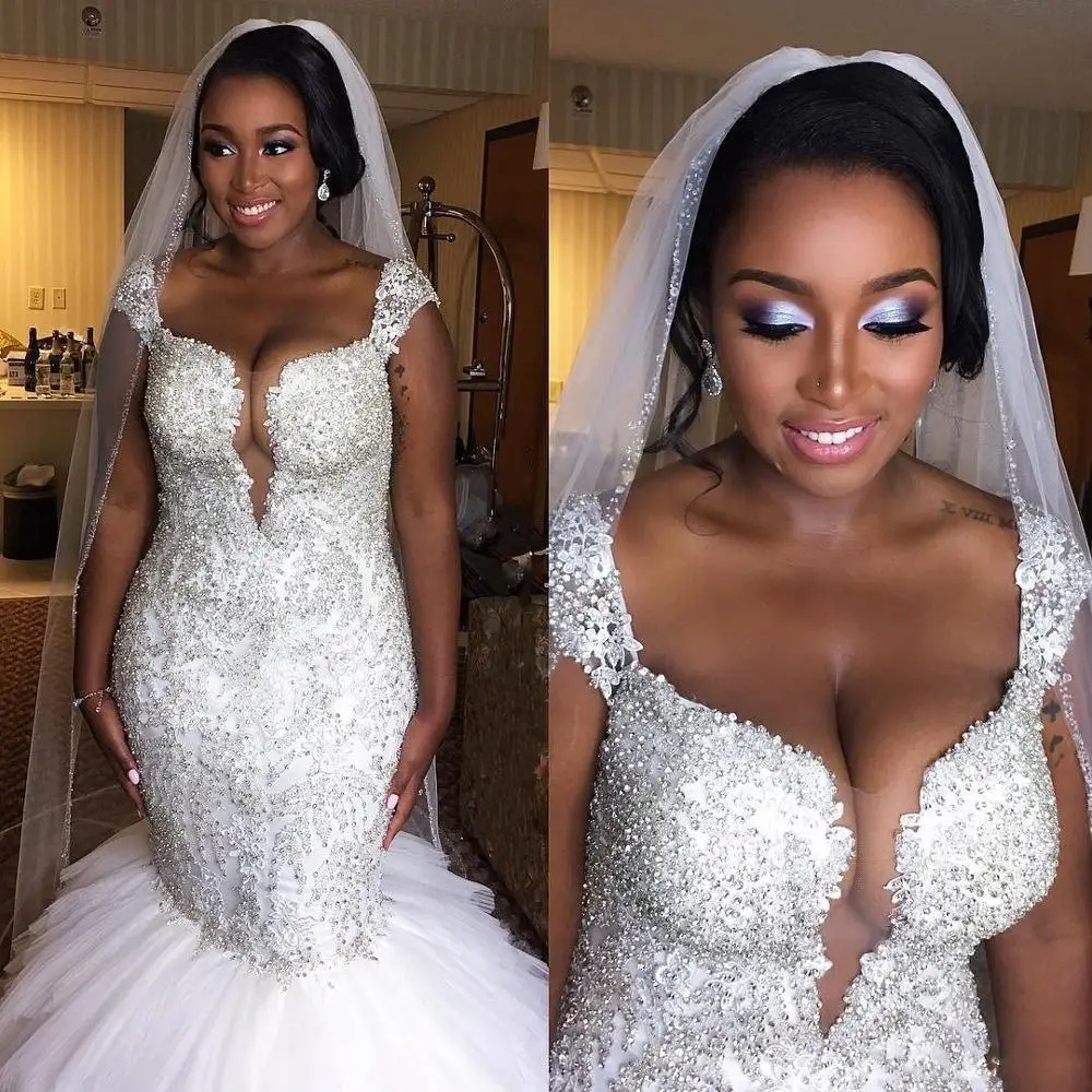 

African Plus Size Mermaid Wedding Dresses 2020 Cap Sleeves Beaded Crystal Ruffled Tulle Puffy Bridal Gowns Vestidos De Noiva