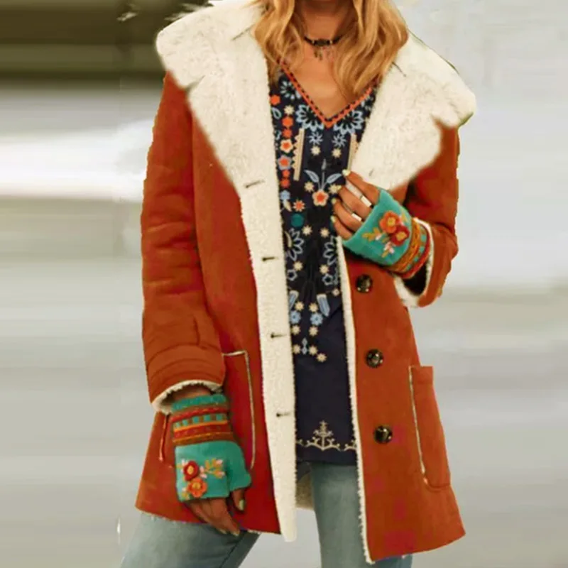 

New Women Plush Button Lapels Jacket Ladies Casual Solid Long Sleeve Coats Outwearcoat Winter Thick Warm Pockets Coats Plus Size