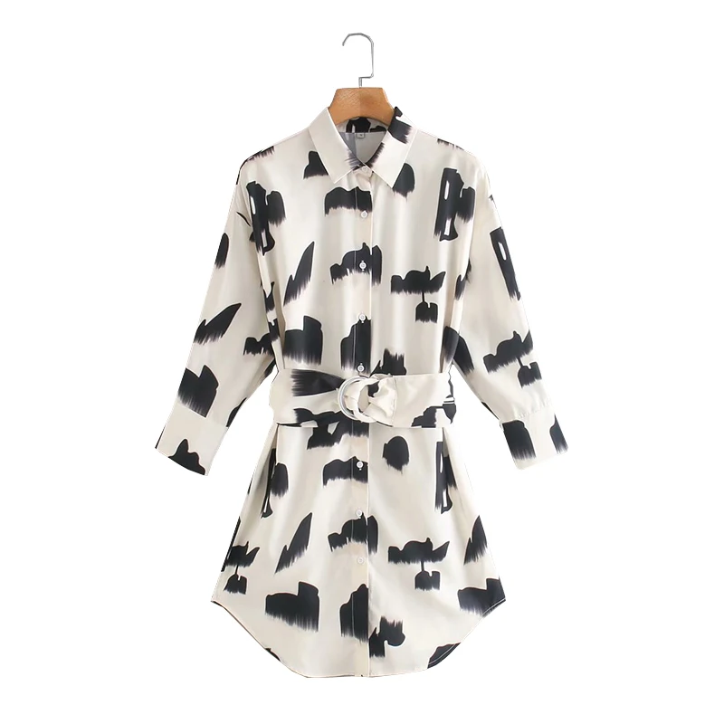 

Женское платье с отложным воротником ZA, элегантное приталенное платье с чернильным принтом и длинным рукавом, 2020