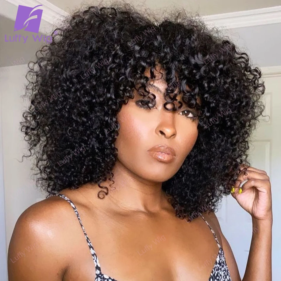 Afro Kinky Curly Wig Human Hair With Bang Remy Brazilian Hair Machine Made O Scalp Top Wigs 200 Density For Black Women LUFFY