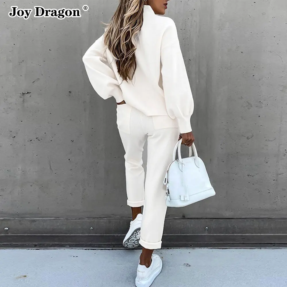 Women Solid Color Two Piece Suits Autumn Winter Long Sleeve Tops High Waist Pant Tracksuit 2pcs Set Casual Trousers Home Clothes