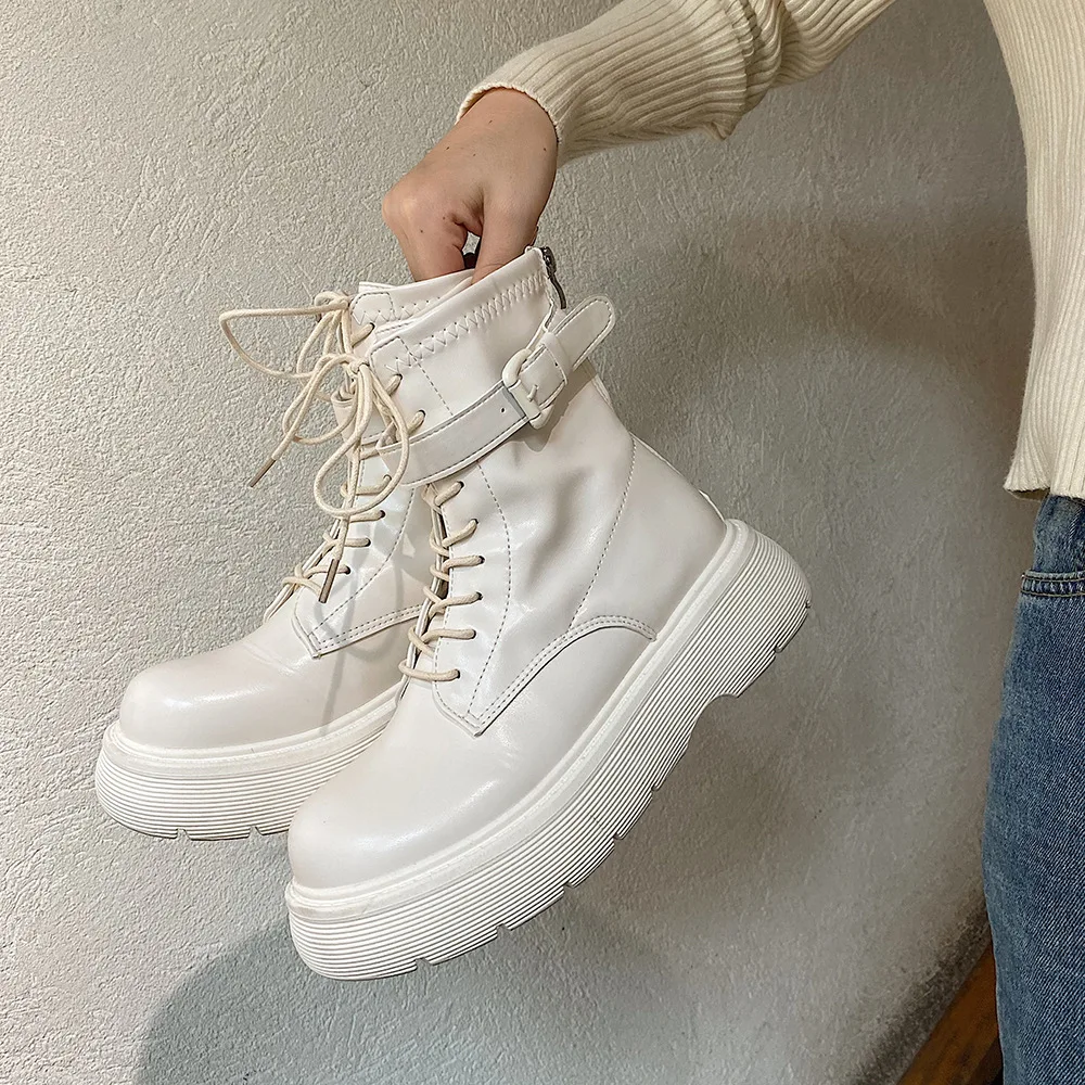 

Women Ankle Boots Female Motorcycle Platform Fashion Boot Black Leather 2021Non-Slip Waterproof Autumn Shoes Chunky Hot Sale