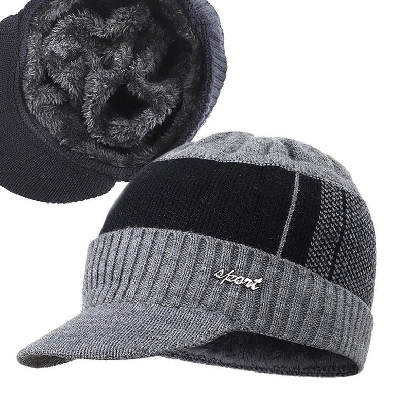 Бейсболка плюшевая Толстая вязаная шапка с полями зимняя меховой подкладкой