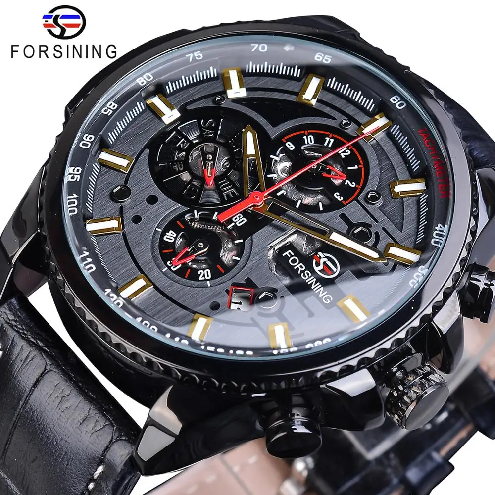 Forsining 2019 Design Black Leather Calendar Display Mechanical Military Sport Automatic Wrist Watch Top Brand Luxury Male Clock