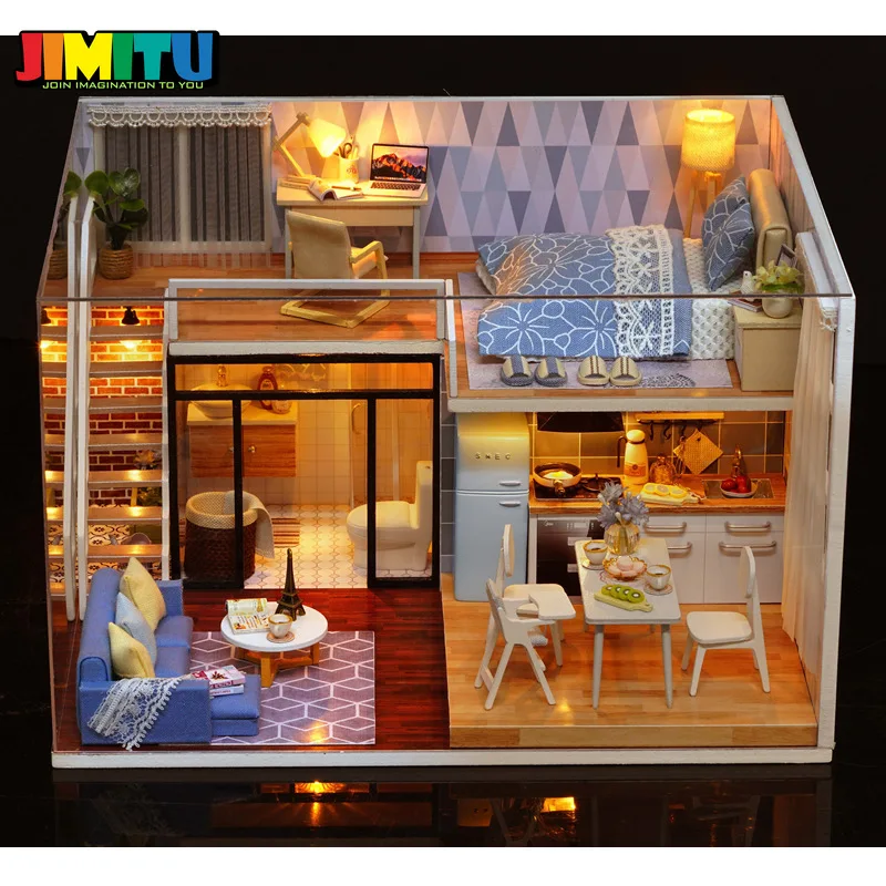 JIMITU CuteRoom Blue Time Кукольный дом DIY Миниатюрный с мебелью музыкальная световая крышка