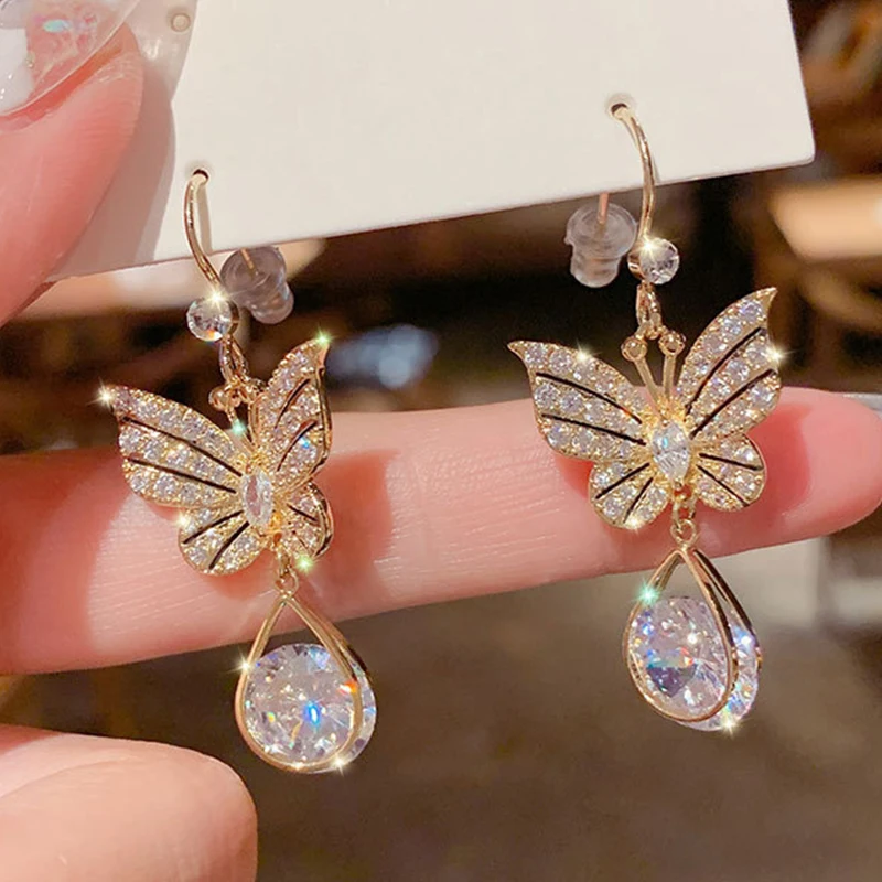 

Korean New Fashion Butterfly Pearl Drop Earrings for Women Gold Color Geometric Tassel Zirconia Wedding Earrings Jewelry Gift