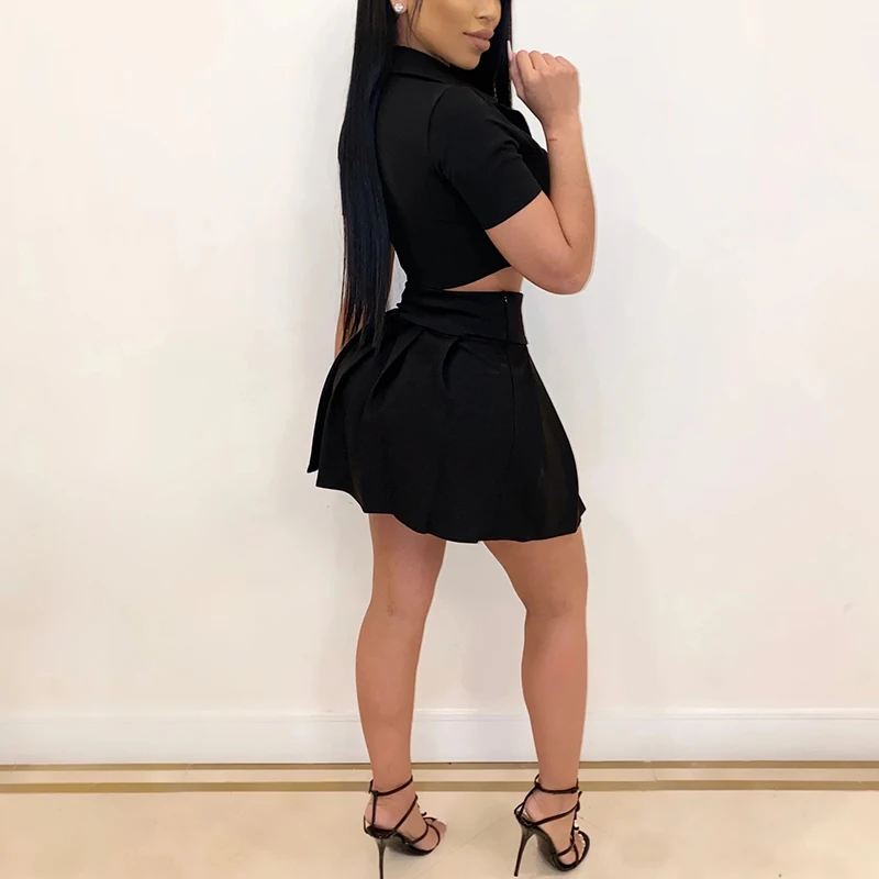 

Two Piece Set Turn Down Collar T Shirt and Mini Pleated Skirts Set Summer 2020 Casual Club Outfits 2 Piece Set Women