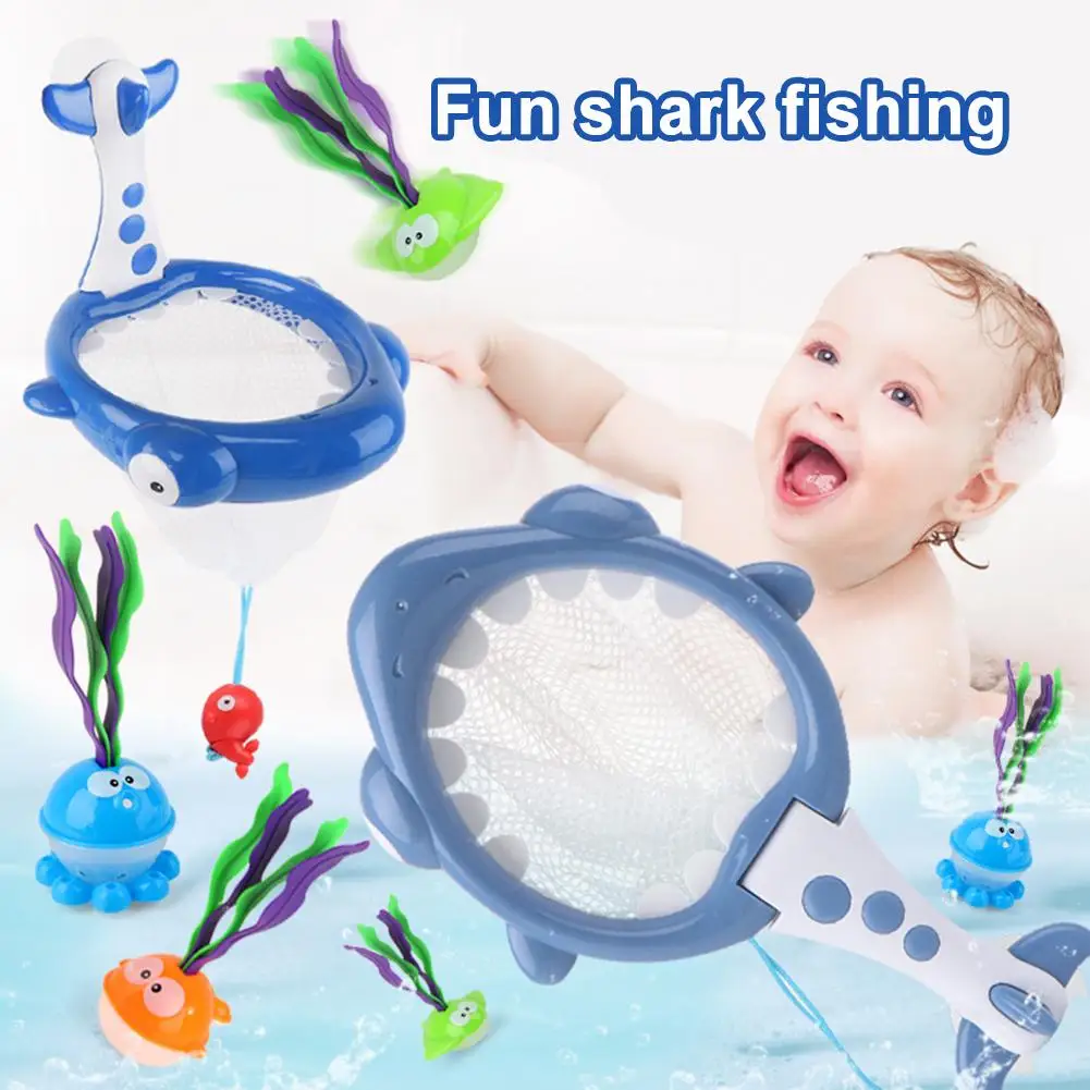 

Cute Shark Fishing Net Catching Animal Seaweed Model Kids Handle Bath Play Water Toy