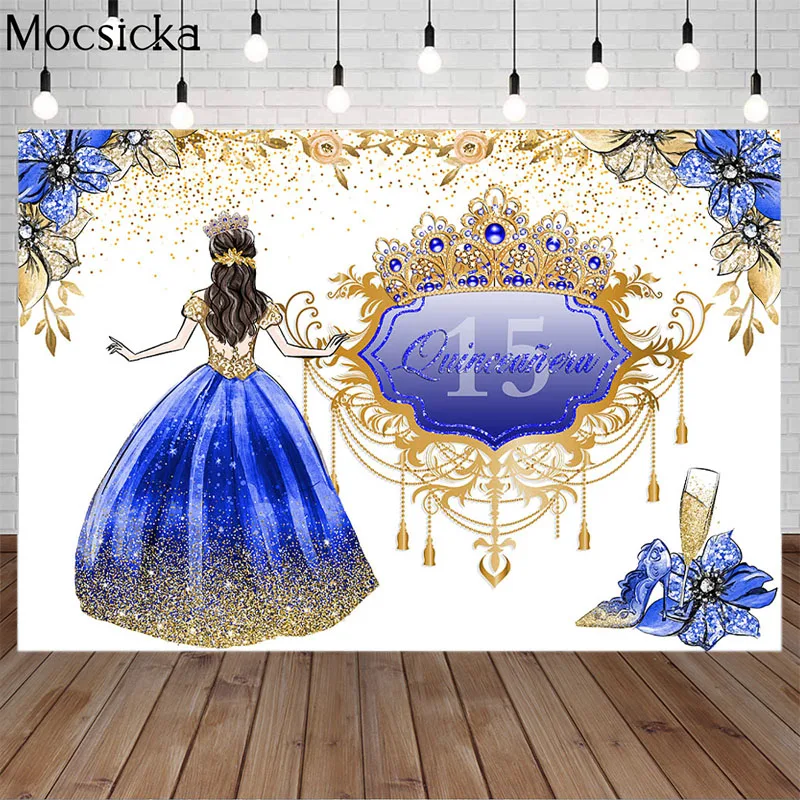 

Quinceanera Princess Backdrop Gold Glitter Sweet 15th Girl Birthday Photo Party Cake Table Decoration Props Customize Background