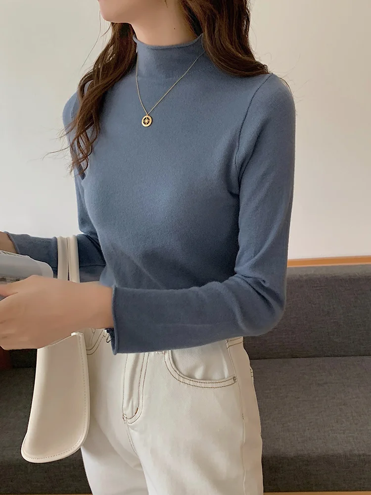 Knitted Sweater Bottomed Shirt Women's Spring and Autumn Thin Chic Foreign Style Slim Fit with Black Long | Женская одежда