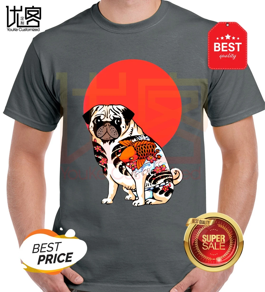 Модные изображением мопса-якудзы Мужская футболка с коротким рукавом