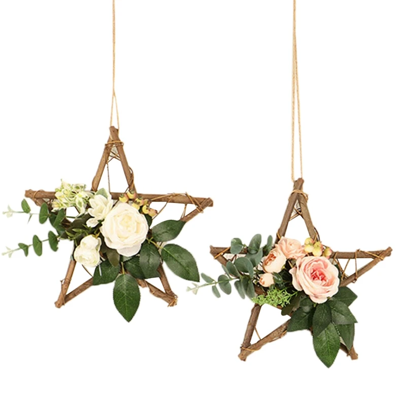 

2X Star Artificial Rose Hanging Wreath Flowers Garland Door Rattan Wedding Decor