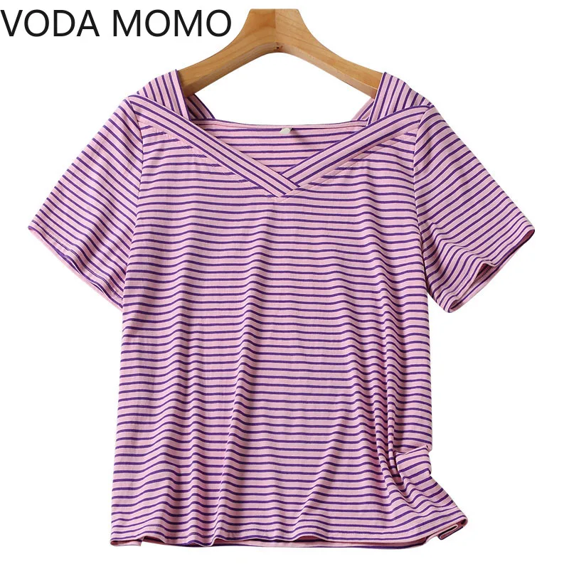 Летняя женская футболка в полоску с коротким рукавом топы размера плюс|Футболки|