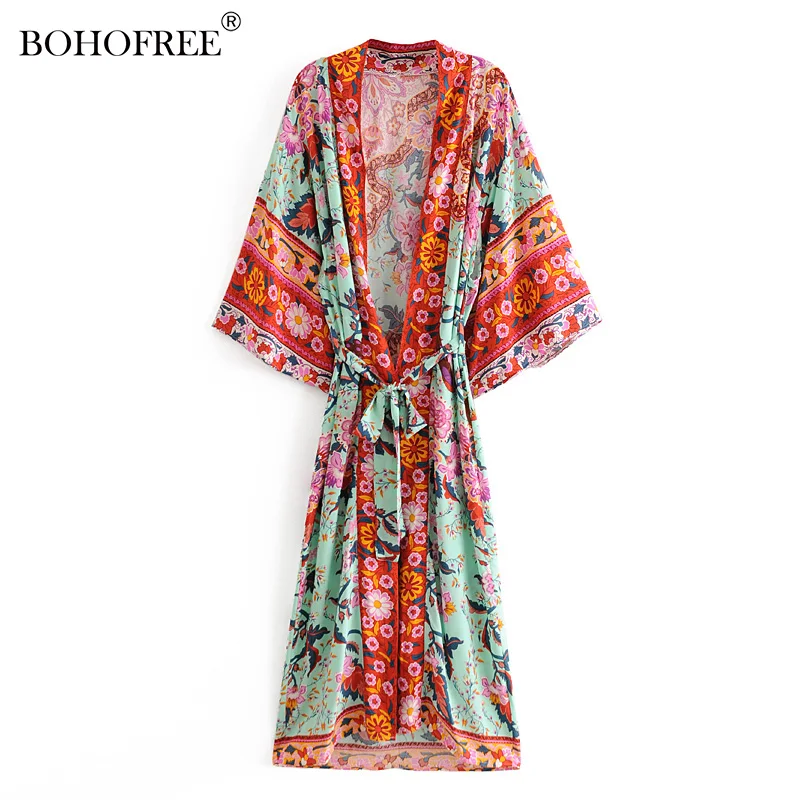 

Boho Women Peacock Print Bat Sleeve Beach Bohemian Kimono Robe Ladies V Neck Tassel Summer Happie Bikini Cover-up