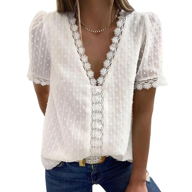 

Plus Size 3XL Women Tops And Blouses Summer 2021 Causal Lace Short Sleeve V Neck Shirts Korean Clothing Female Blusas SJ7019V