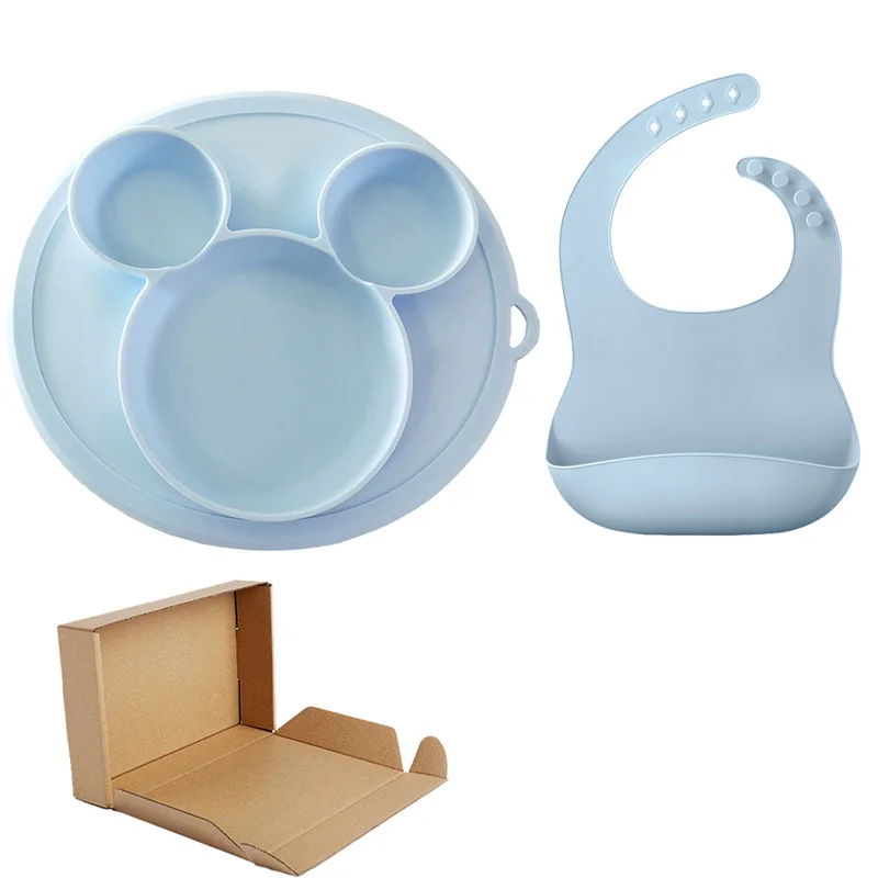 Sky Blue Set Детская силиконовая тарелка, Набор чашек с нагрудниками, Детская силиконовая миска на присоске, водонепроницаемые мягкие Слюнявчики, Детские разделители, Детская тарелка - Цвет: Sky Blue Set