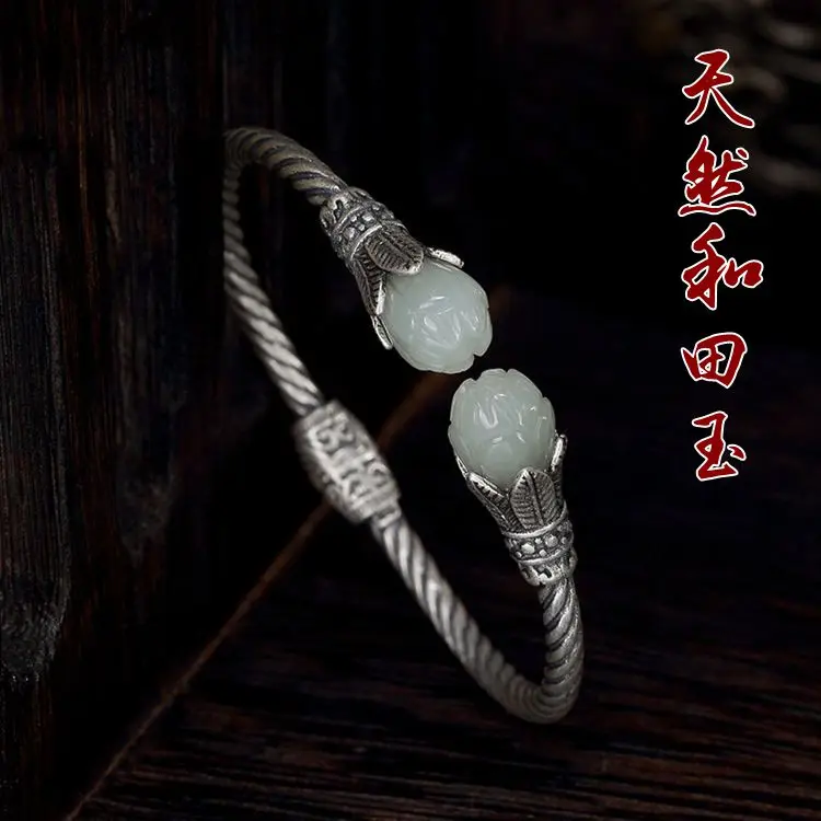

Ancient S925 pure silver natural hetian jade white jade lotus retro personality womens versatile spring opening bracelet