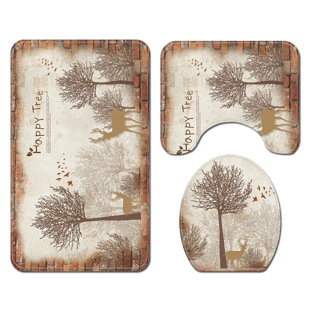 

2020 Deer Printed Floor Mat 4-piece Bathroom Shower Curtain Non Slip Carpet Set Bath Curtain