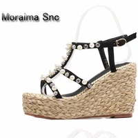 moraima snc barnd wedges shoes summer platform high heels shoes ladies white pearl gladiator sandals pink black sandalen dames
