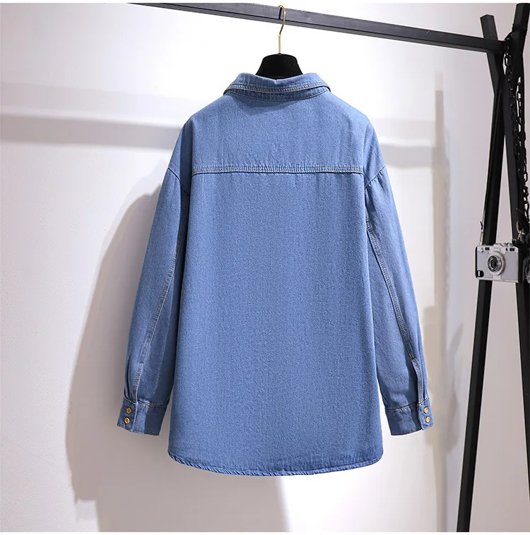 Plus Size Jeans Shirts Blue Casual Turn-Down Collar Long Sleeve Ruffles Buttons Spring and Autumn Denim Women's Clothing Blouses