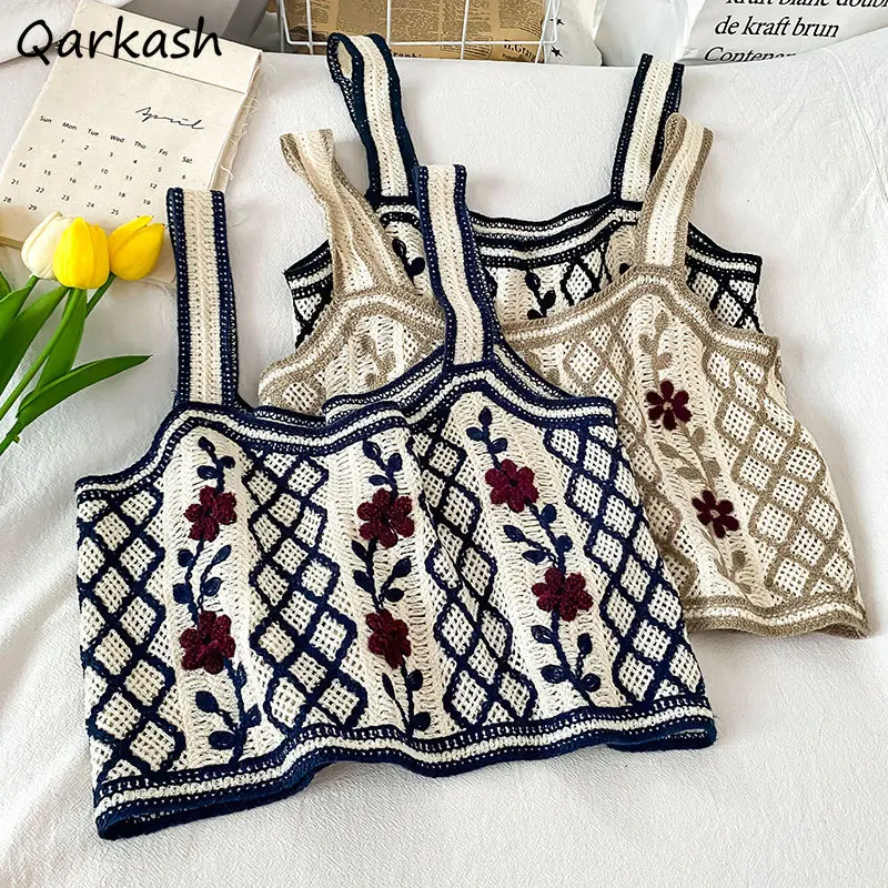 

Женская летняя кофта с вышивкой, простой эстетичный цветочный вязаный Универсальный повседневный уличный стиль Ulzzang для студентов, модный ...