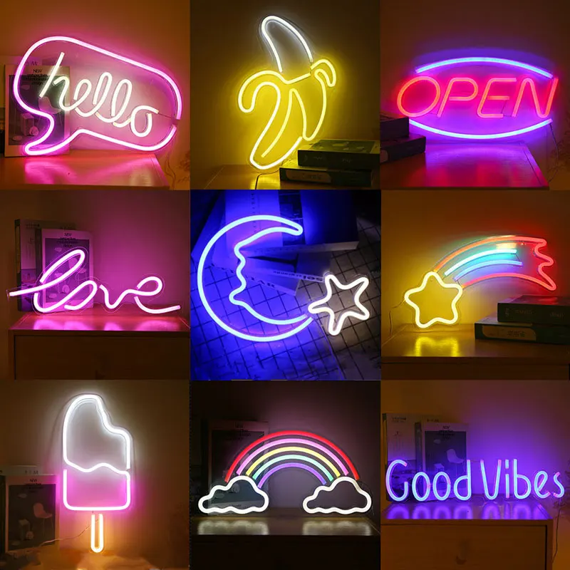 Letrero de neón con luz LED Hello Good Vibes, decoración de pared con USB, Arco Iris, para colgar en la pared, para Bar, habitación, dormitorio, fiesta