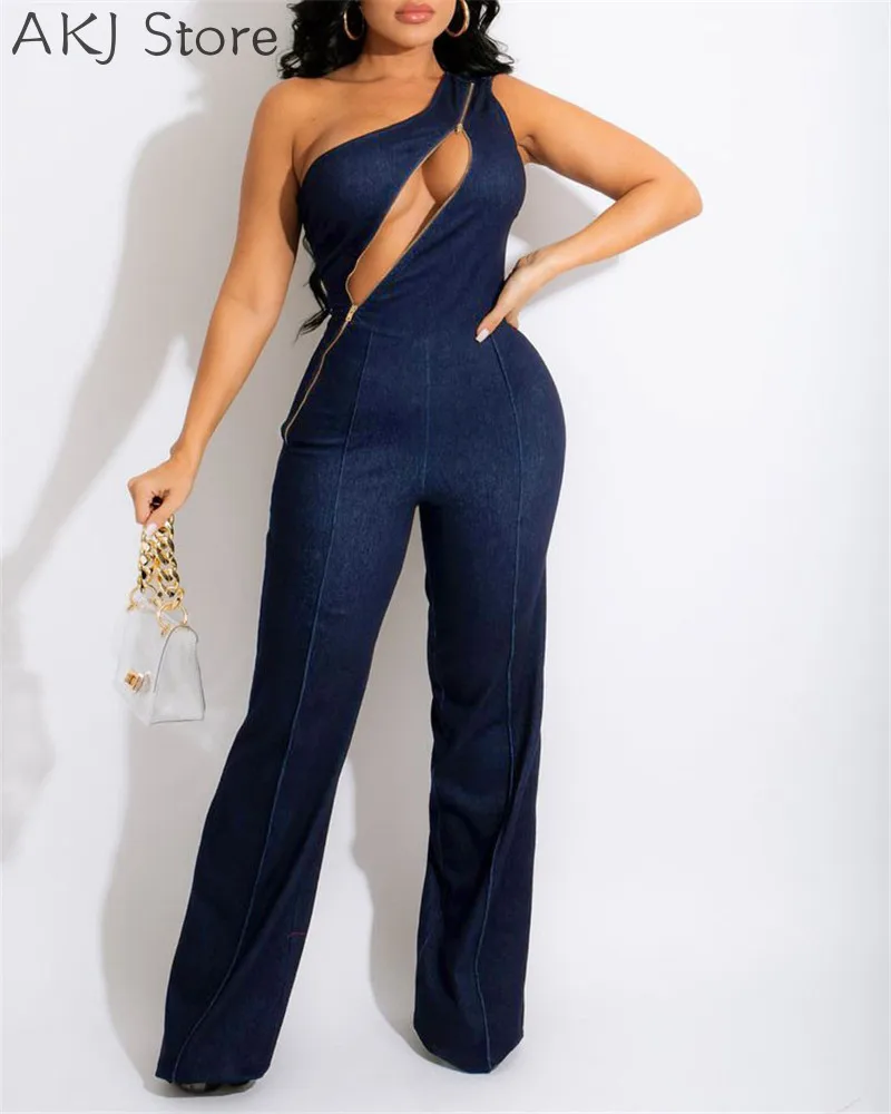 

Sleeveless One Shoulder Asymmetry Collar Zipper Design Jumpsuit