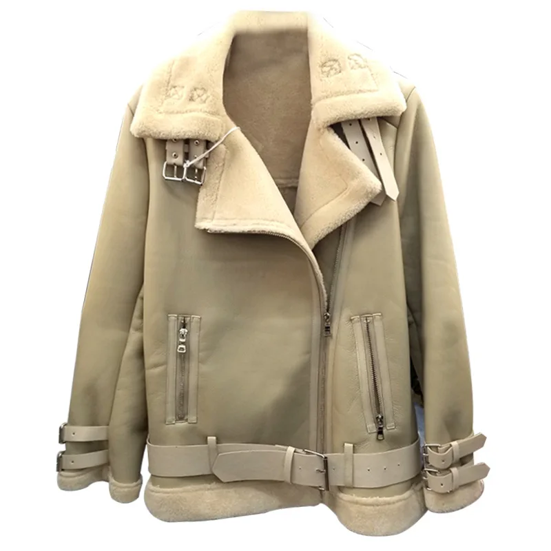 Plus Size S To 3XL 4XL Women Leather Jacket 2022 Fur Winter Locomotive Warm Thick Sheepskin Shearing Faux Suede Coat