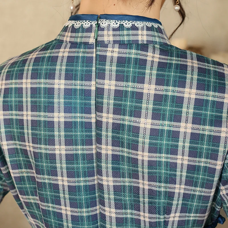 

FZSLCYIYI Sexy Plaid Suede Slim Traditional Women Daily Qipao Vintage Oriental Female Cheongsam Chinese Formal Dress